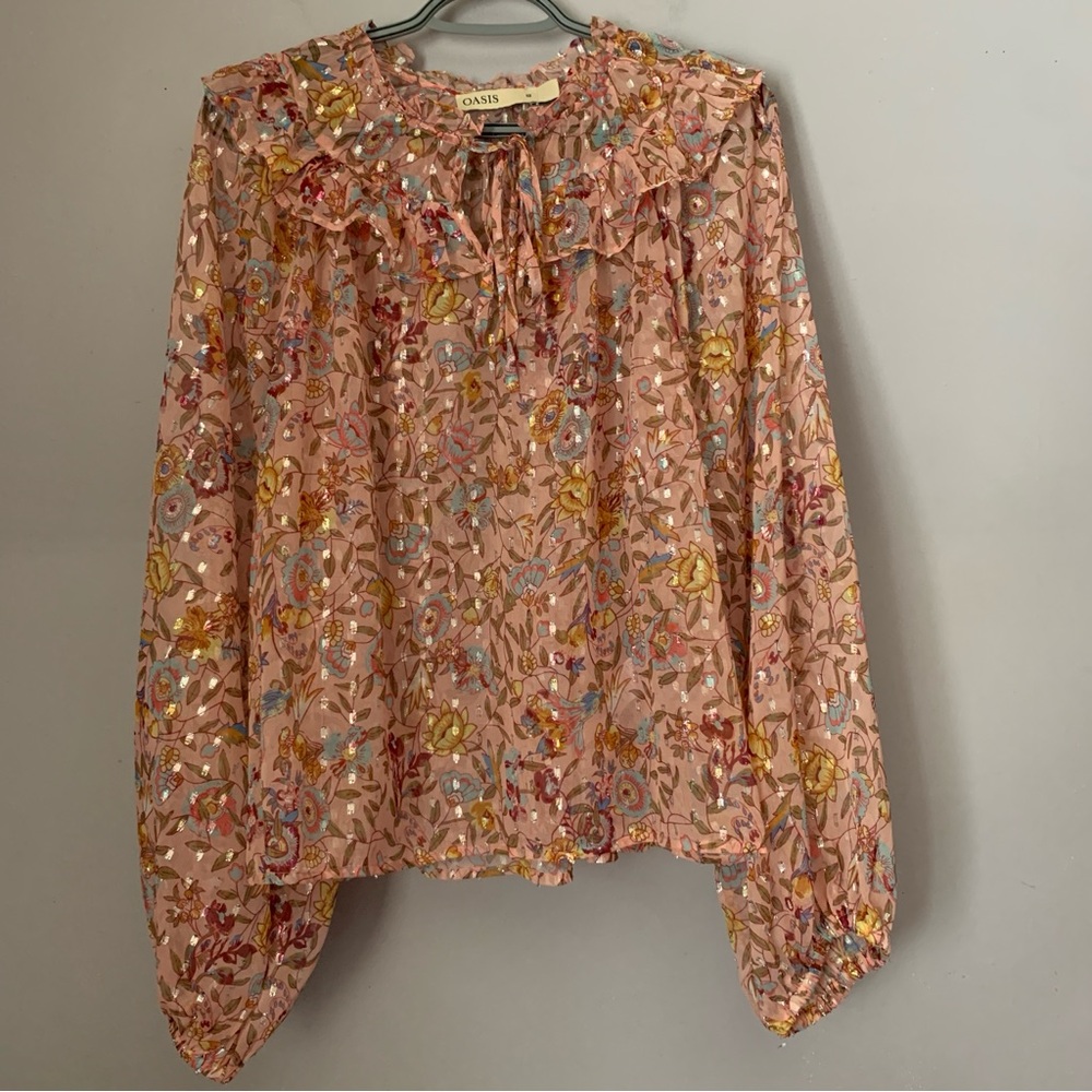Oasis Women’s Floral Metallic Blouse UK 12 US 8 Pink Long Sleeve Sheer